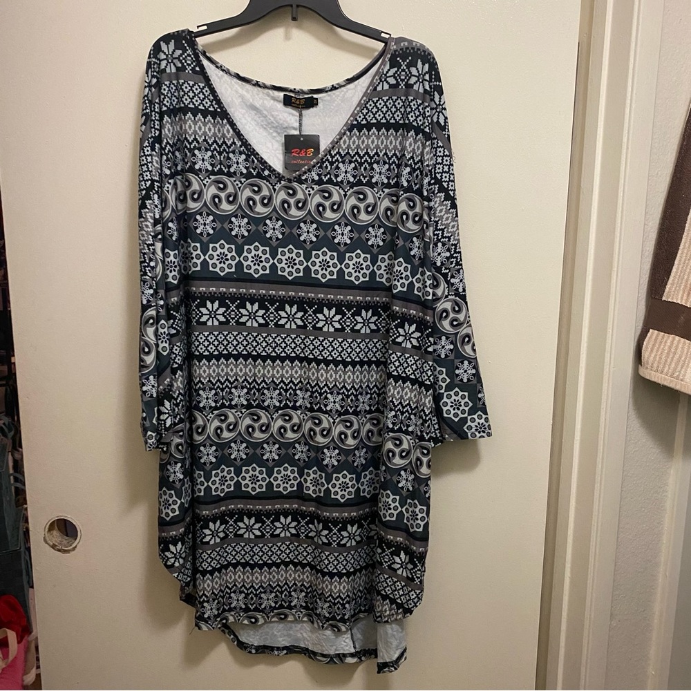 R&B Collection Womens Long Tunic Top Blouse 3X 3XL Black White Gray Print New